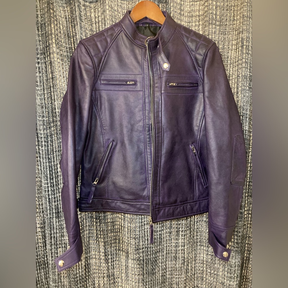 NWOT Women's Purple Leather Moto Jacket with Zip Pockets